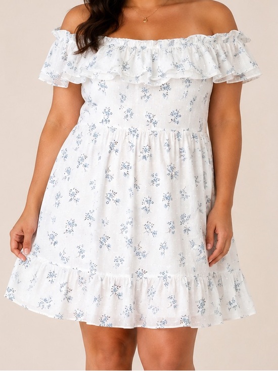 Simplee Apparel Dresses & Skirts - Simplee Plus 2XL Swiss Dot Floral Off Shoulder Mini Dress White Blue Cottage